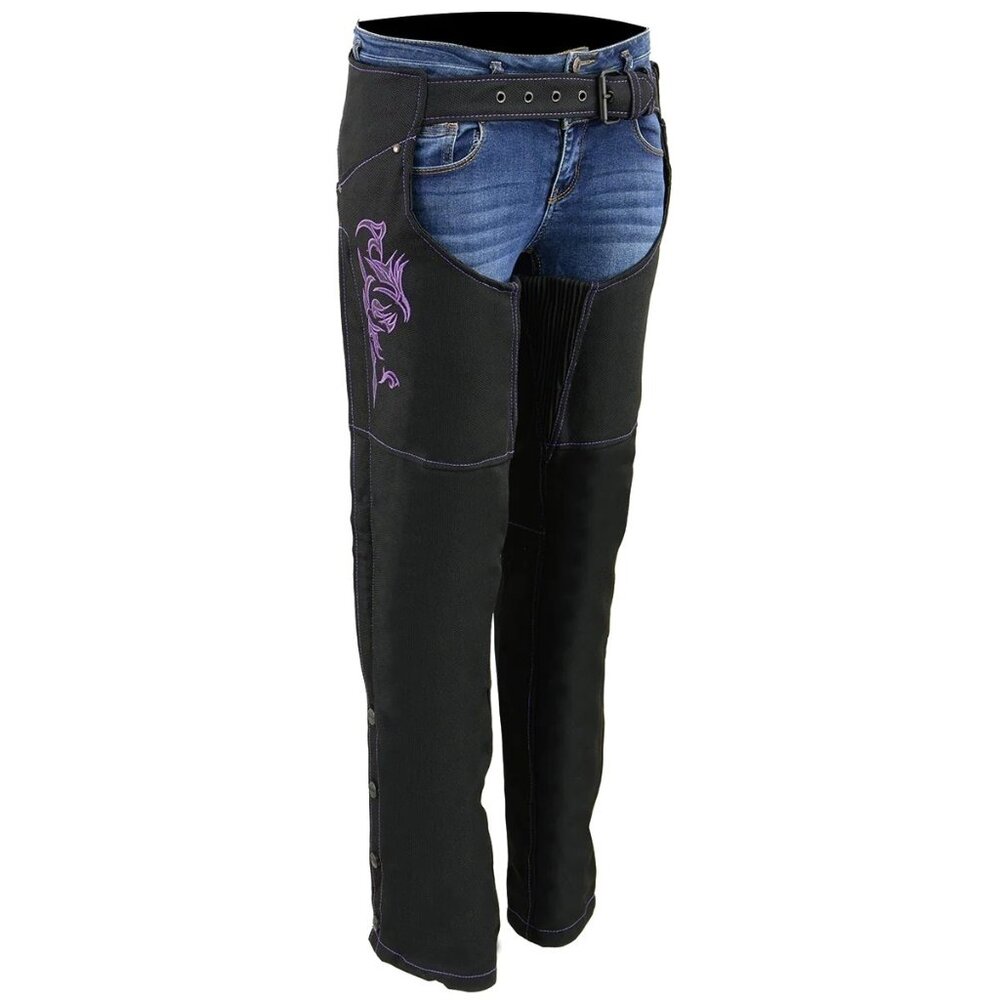 Milwaukee Leather Womens Size Small Black Purple Winged Textile Riding Chaps NWT